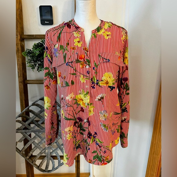 Calvin Klein Vibrant Red & White Striped Floral Button Down Blouse - Picture 2 of 10
